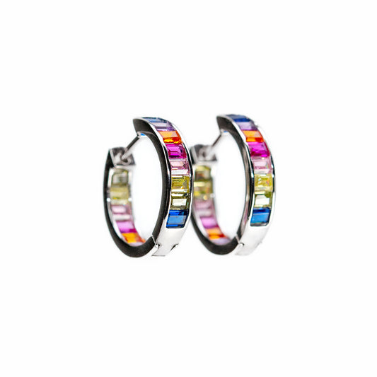 Silver Hoop Earrings with Colourful Zirconium